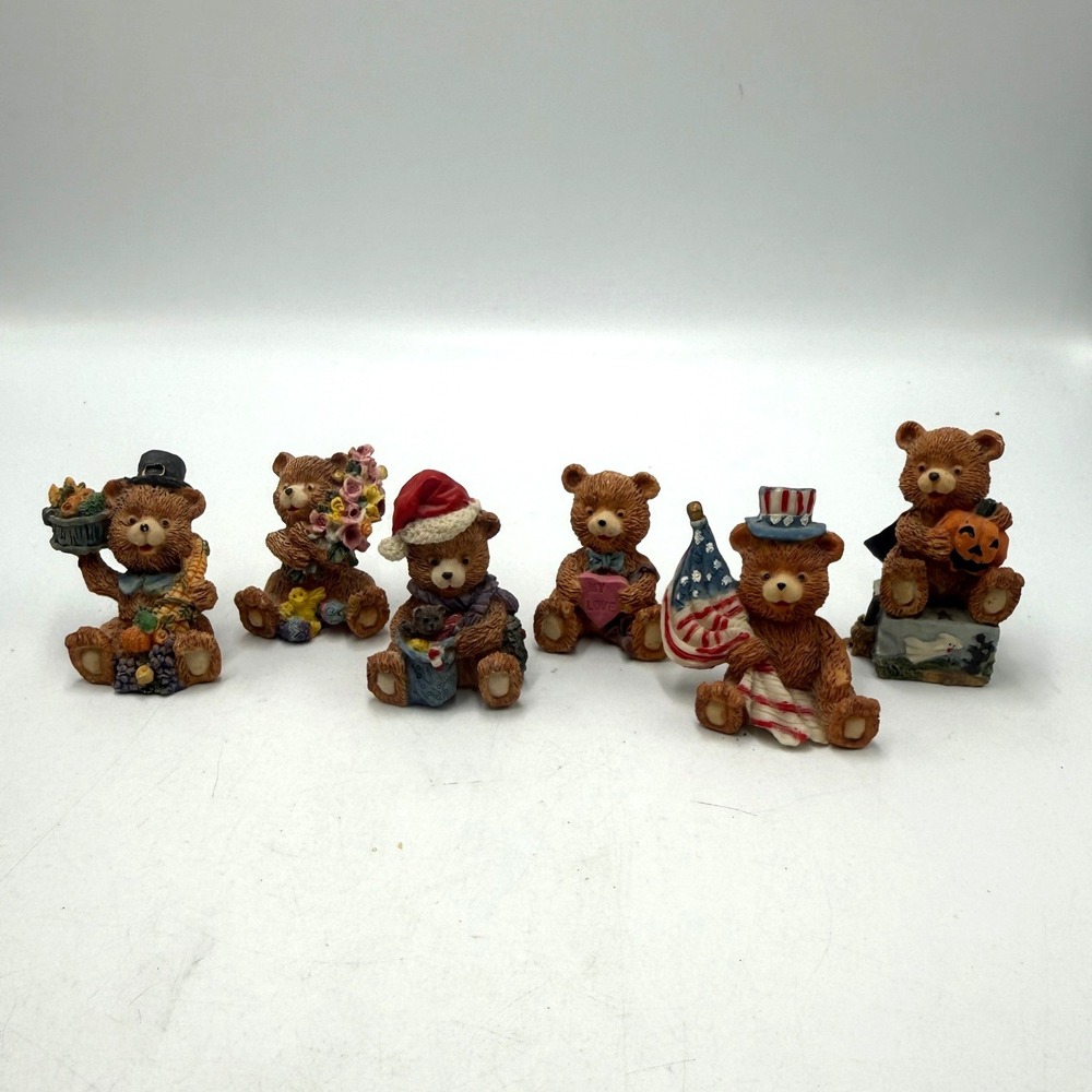 Vtg Holiday Bear Figurines Set of 6 Resin Seasonal Decor BHF Christmas Easter